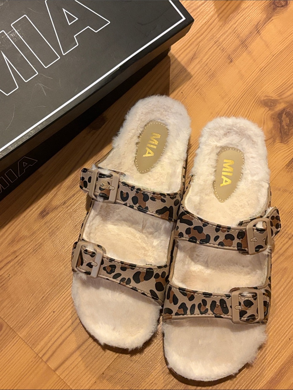 MIA Leopard Print Faux-Fur Buckle Slide Sandals - Beige